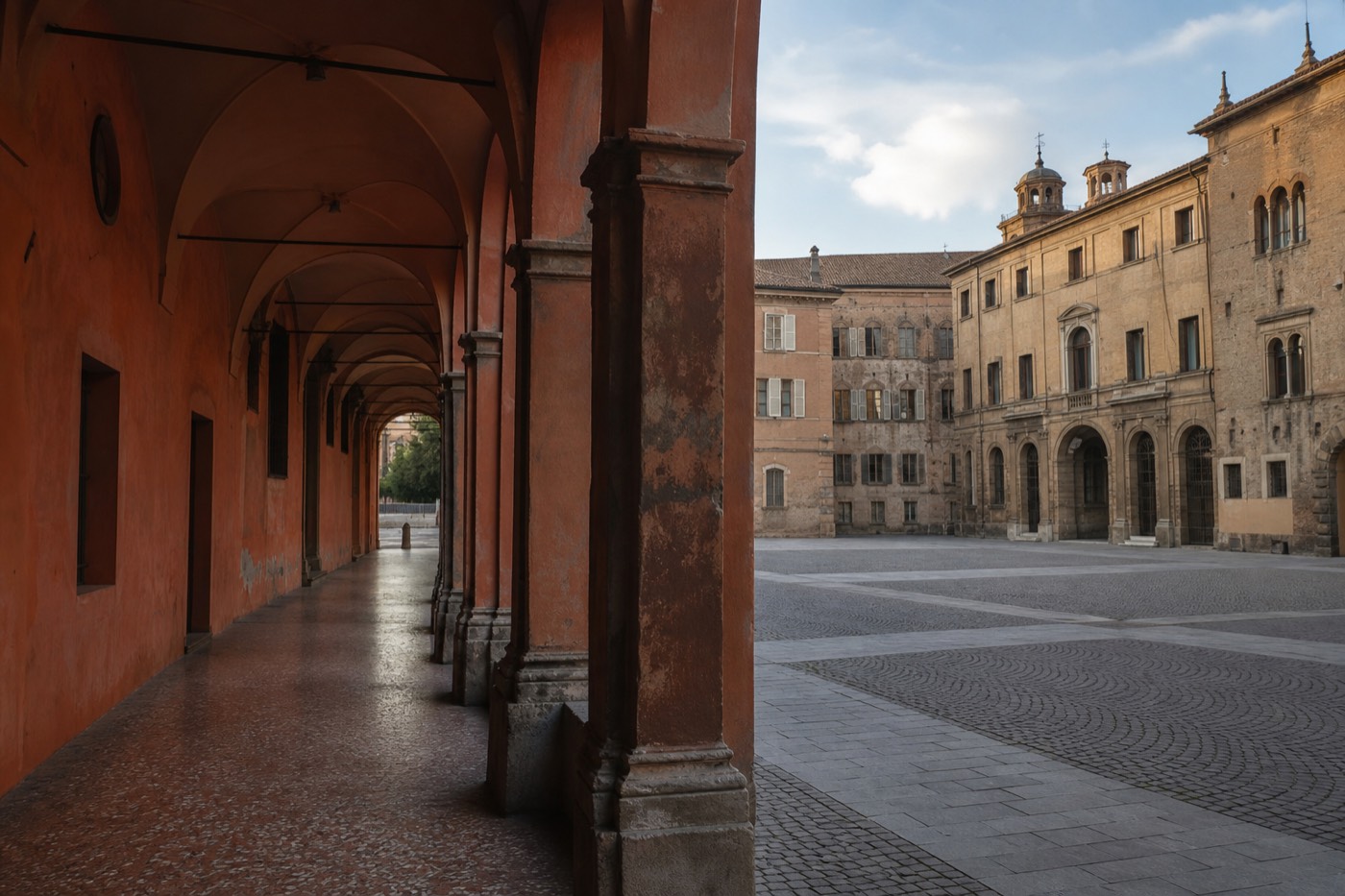A split view suggesting Parma's quiet historic streets alongside Bologna's porticoed avenues