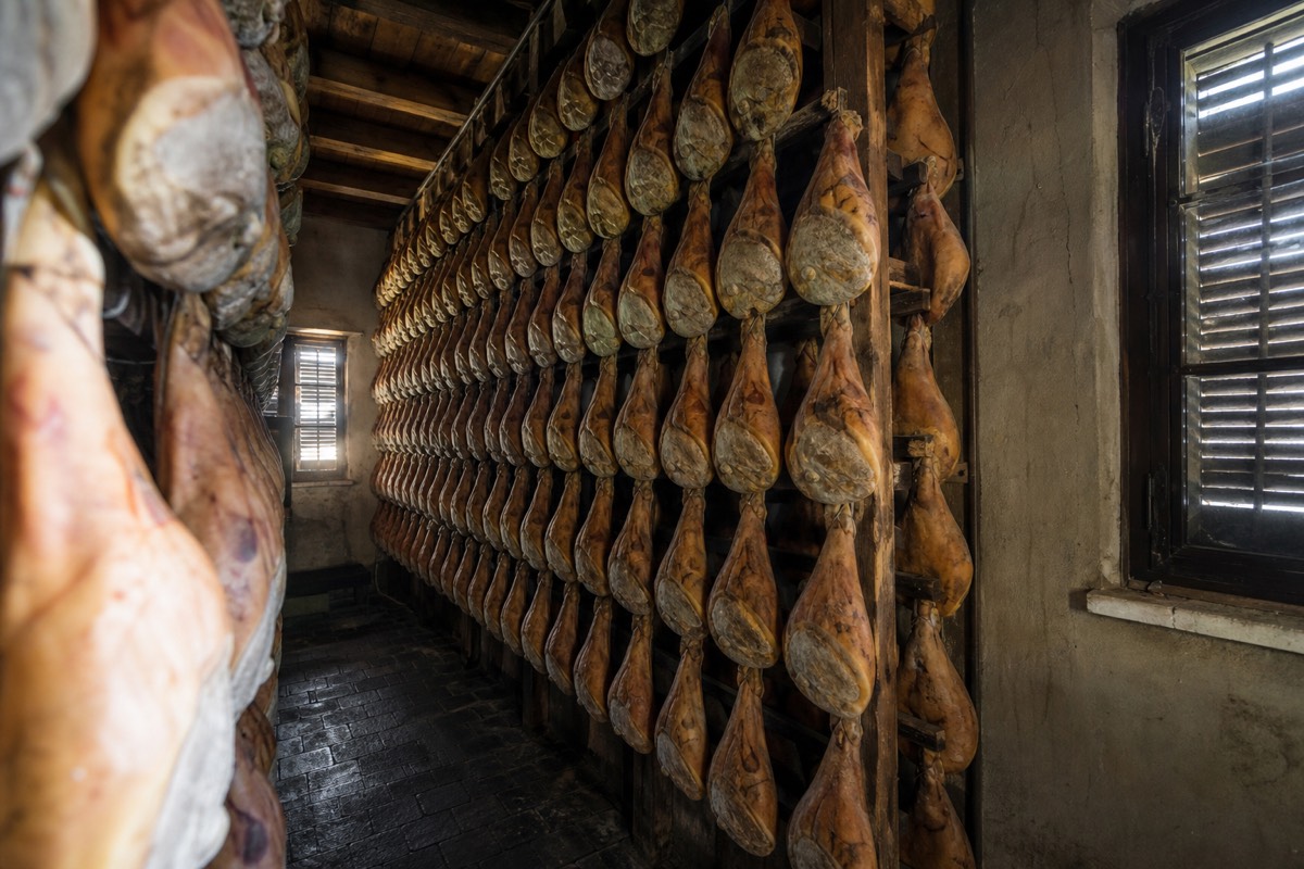 Prosciutto di Parma hanging in a curing room